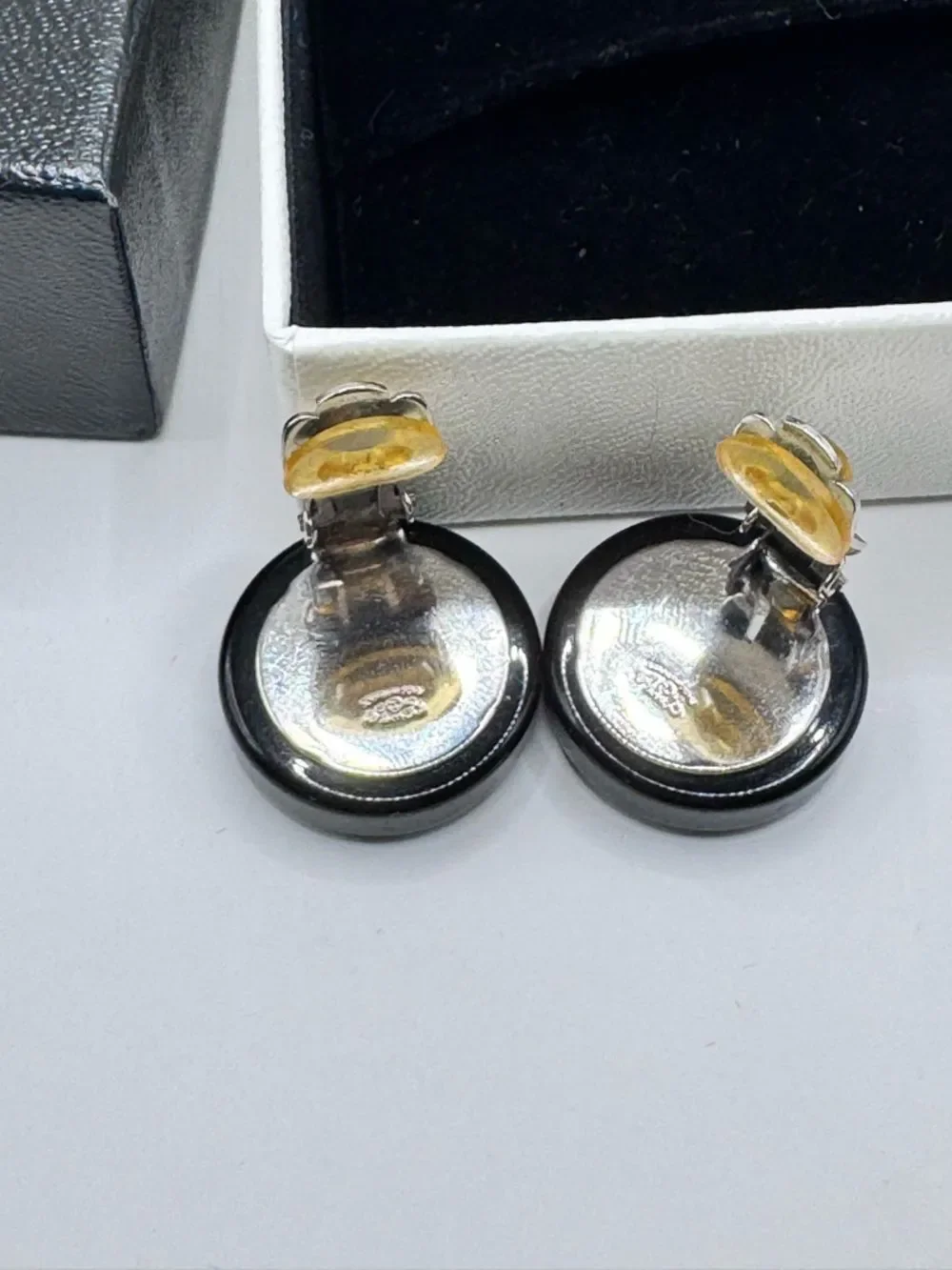 Authentic Vintage 1995 Chanel 95P CC Logo Button Clip-On Earrings Black Gold